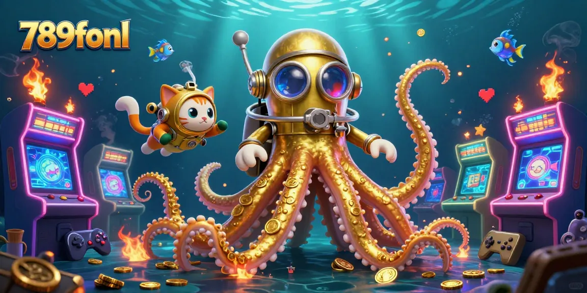 Experience the immersive world of 789fonl with a colorful 3D casino art scene featuring a kraken and a diving cat.