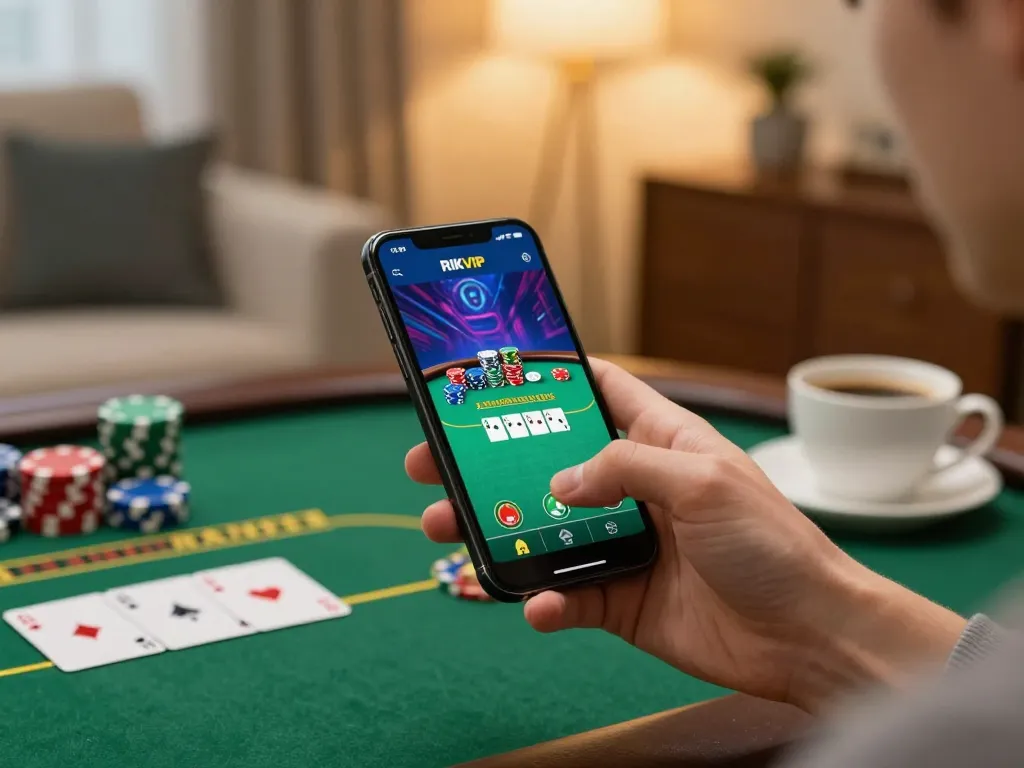 Player enjoying RIKVIP app on smartphone at home, engaged in vibrant online poker gaming.