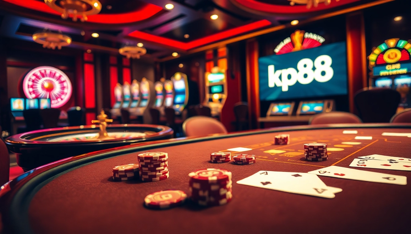 Experience the excitement of kp88 at a luxurious casino table with high-stakes poker chips and cards in play.