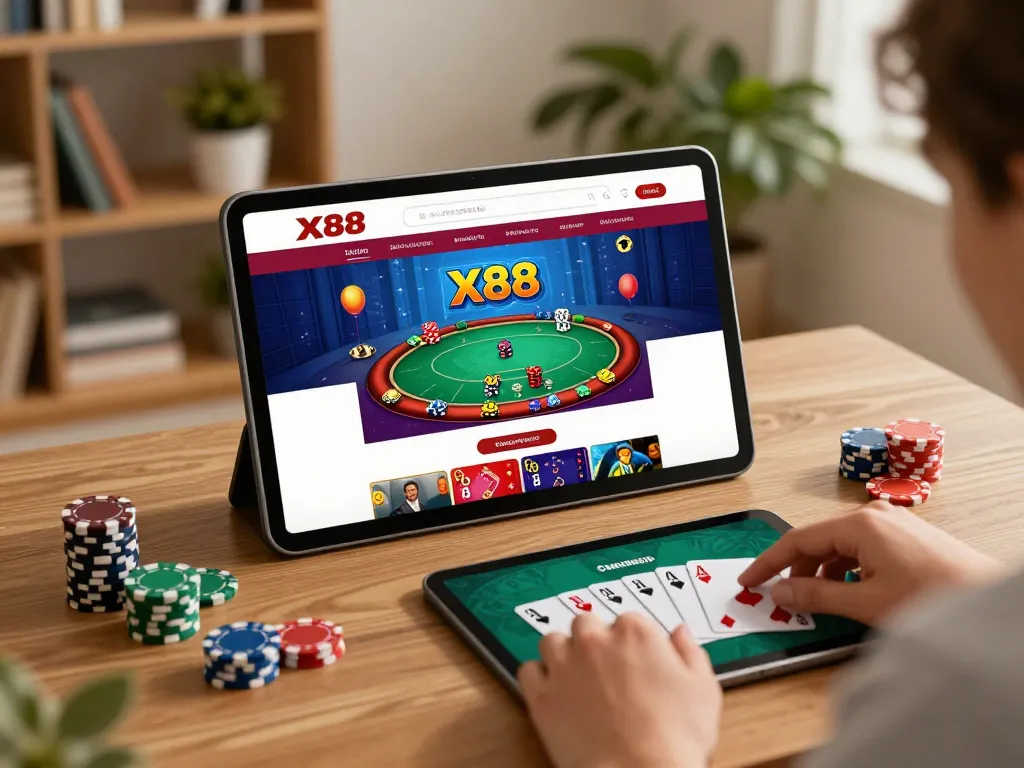 X88 player enjoying a poker game on tablet in cozy home setup, combining strategy and entertainment.