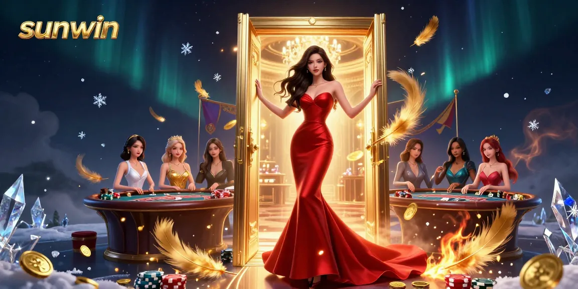 Experience sunwin's thrilling poker scene with a stunning Asian woman in a casino doorway.