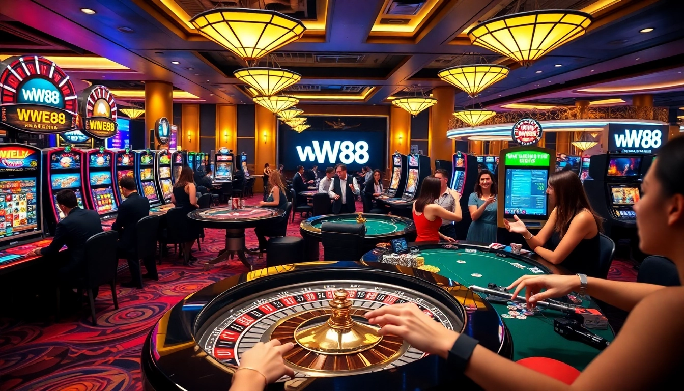 Engaging moment of players at WW88 casino with vibrant slots and poker tables.