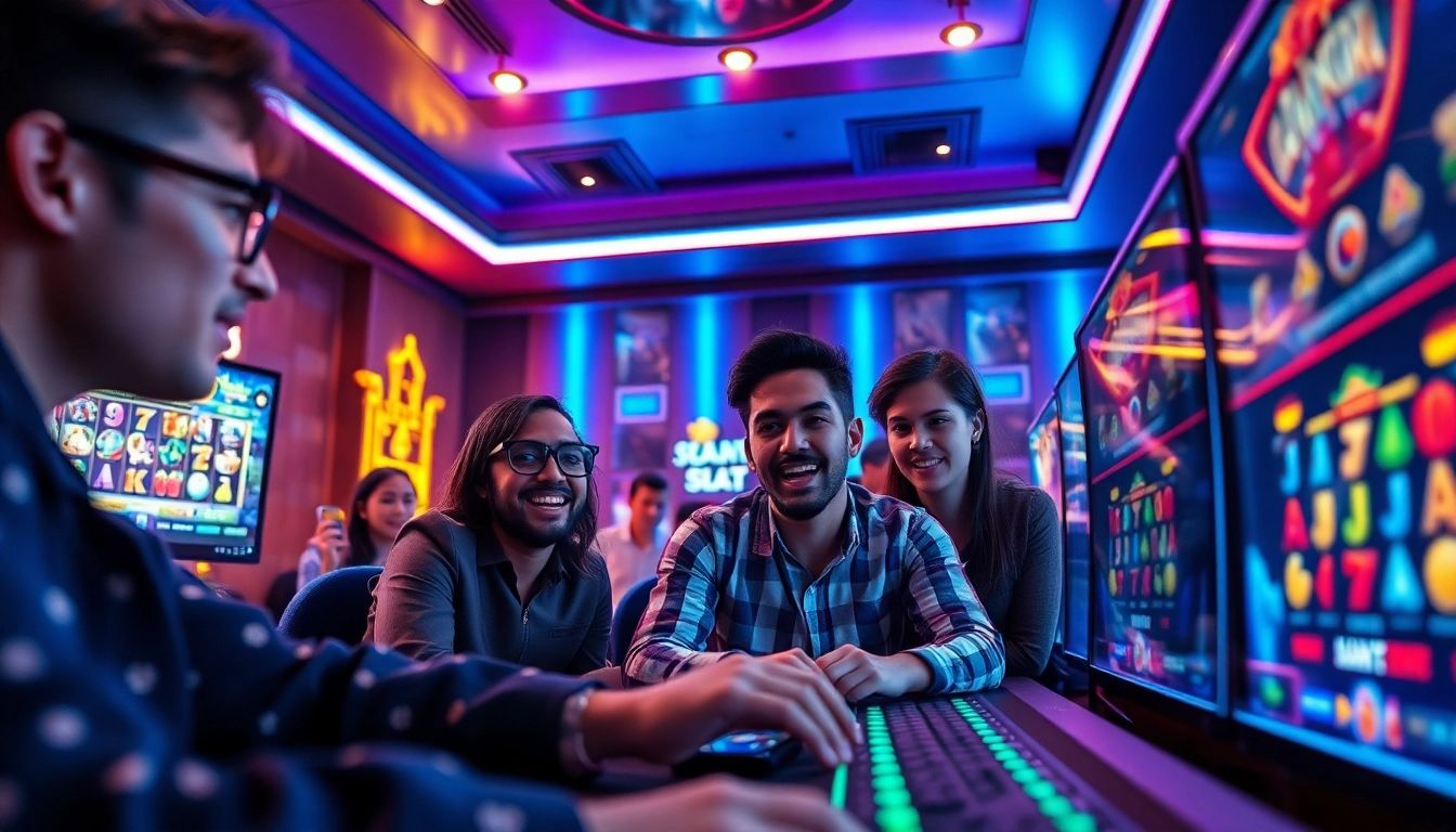 Dynamic scene showcasing diverse gamers engaging with asupantoto's online slot betting interface.