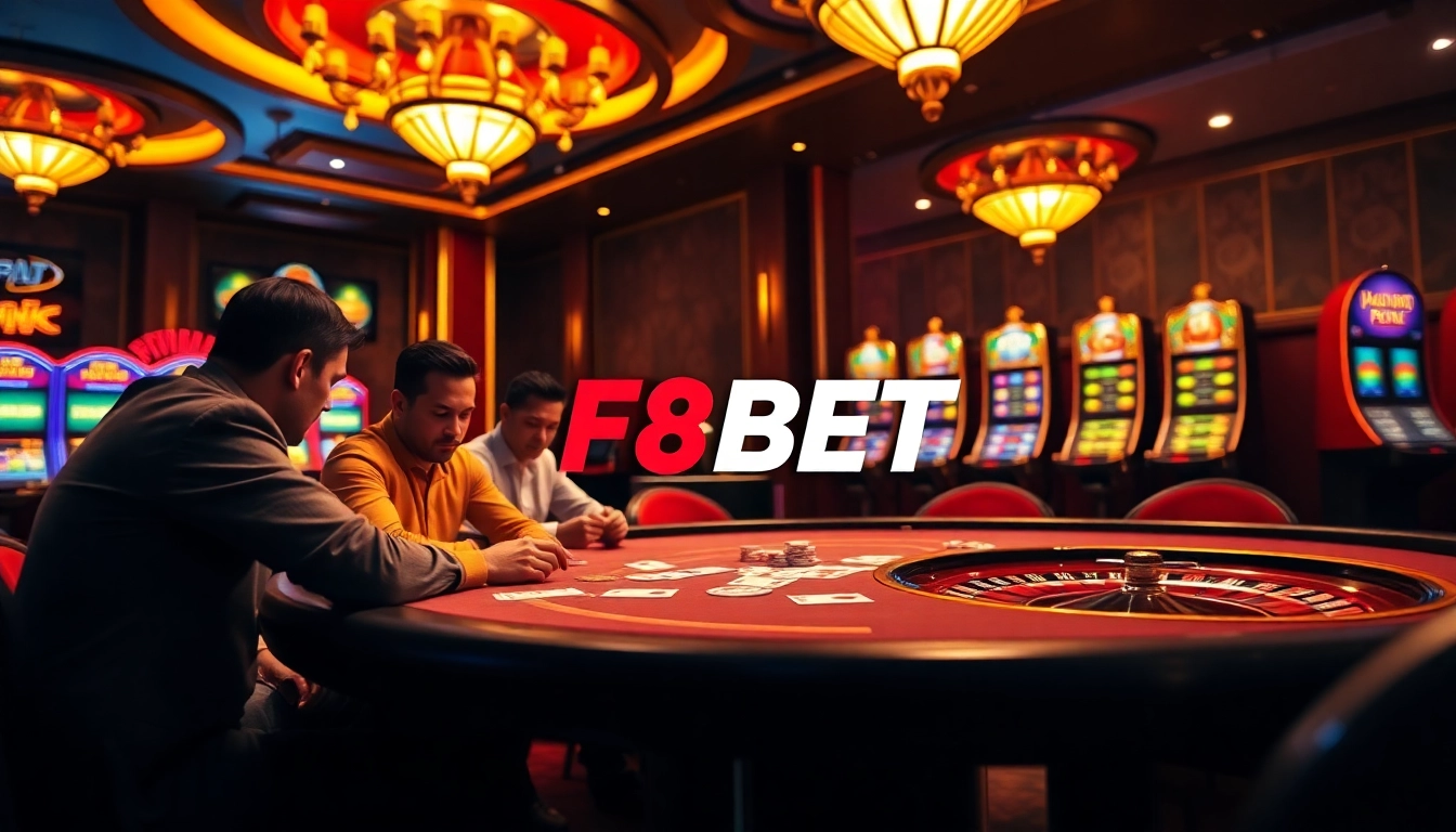 Exciting gambling scene showcasing F8BET with poker games, slot machines, and roulette excitement