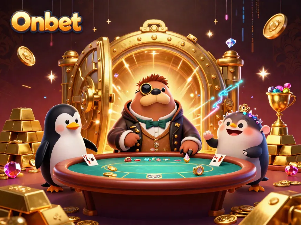 Experience the excitement of winning at Onbet with a playful walrus and friends in a vibrant underwater poker game.