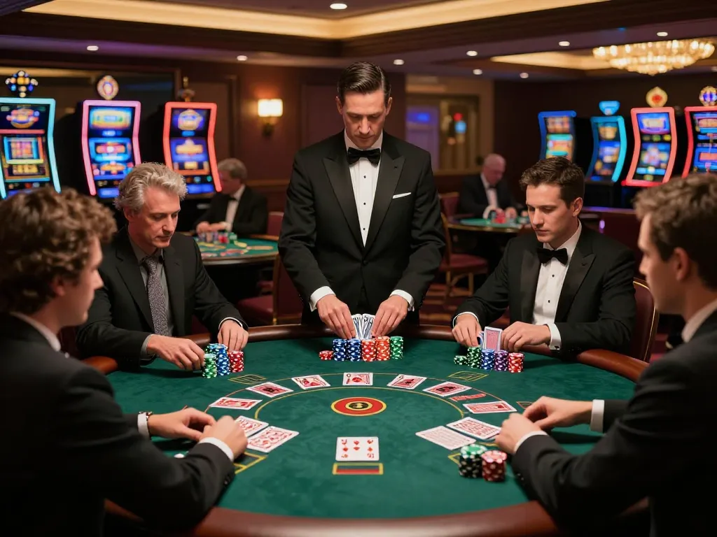 SIN88 blackjack table action with players strategizing and dealer managing the game, vibrant casino atmosphere.