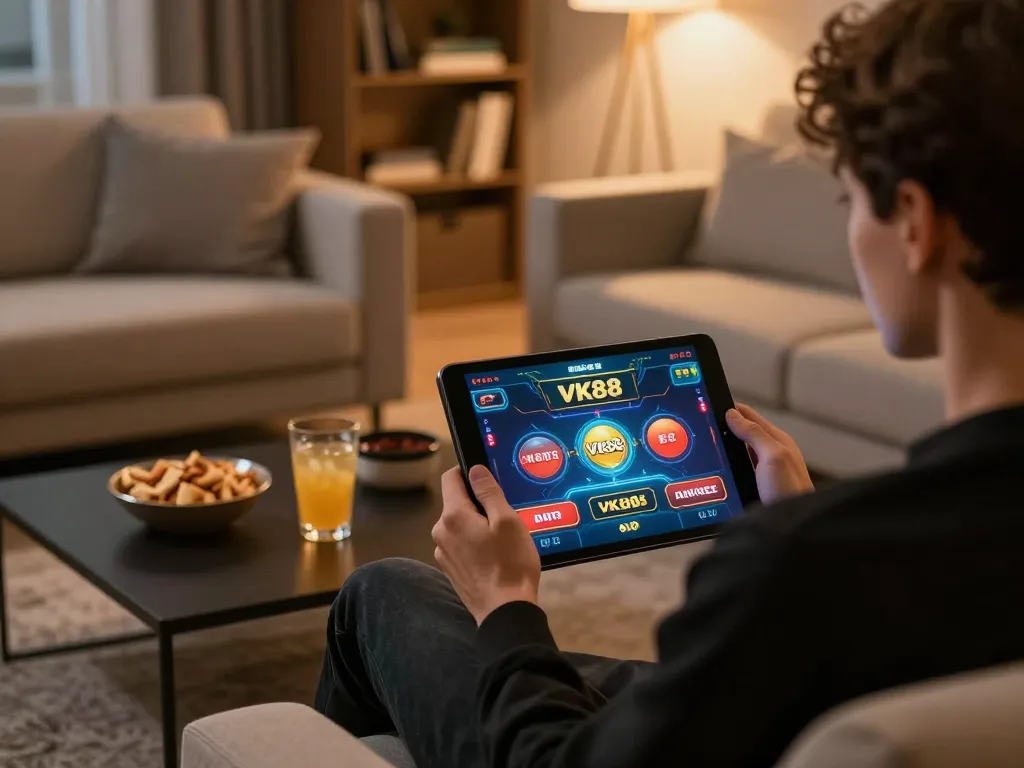 Engaged player exploring VK88 online casino games on tablet in a cozy home setting