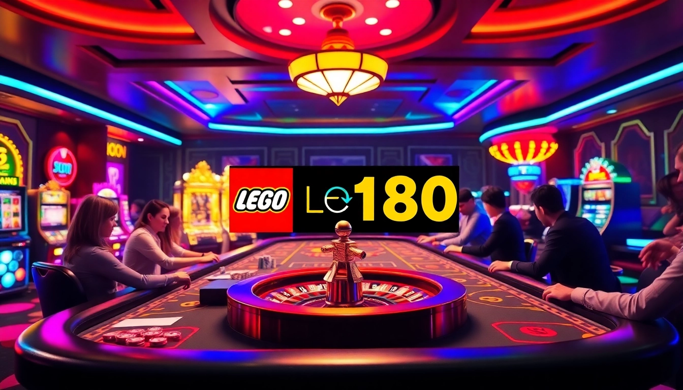 Players engaging at a luxurious casino table with a vivid sign for lego138 login in the background.