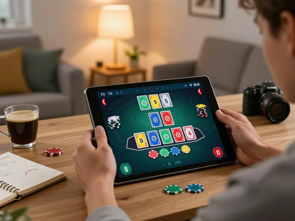 Player enjoying fun88s online blackjack from home, focusing on strategy and gameplay.