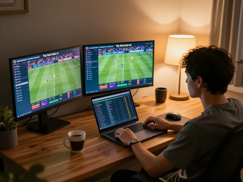 Tỷ lệ kèo nhà cái displayed on multiple screens while a player engages in online betting at home