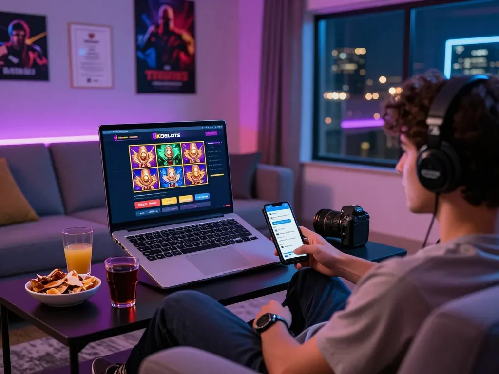 KDslot user enjoying vibrant online gaming experience at home with a laptop and smartphone.