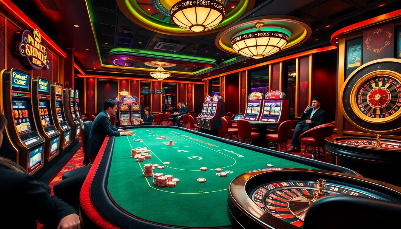 Exciting casino gaming scene featuring Nhacaiuytin strategy with poker players and vibrant slot machines.