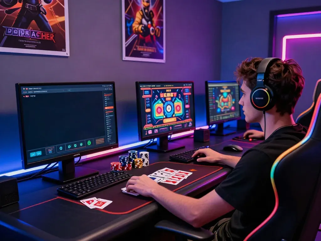 A player engaging in online casino games on akunjp platform, surrounded by gaming gear and vibrant lighting.
