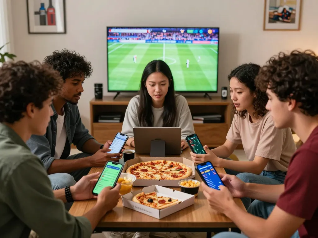 Sahabat terlibat dalam diskusi judi bola online selama pertandingan sepak bola langsung, menampilkan strategi taruhan dan kebersamaan.