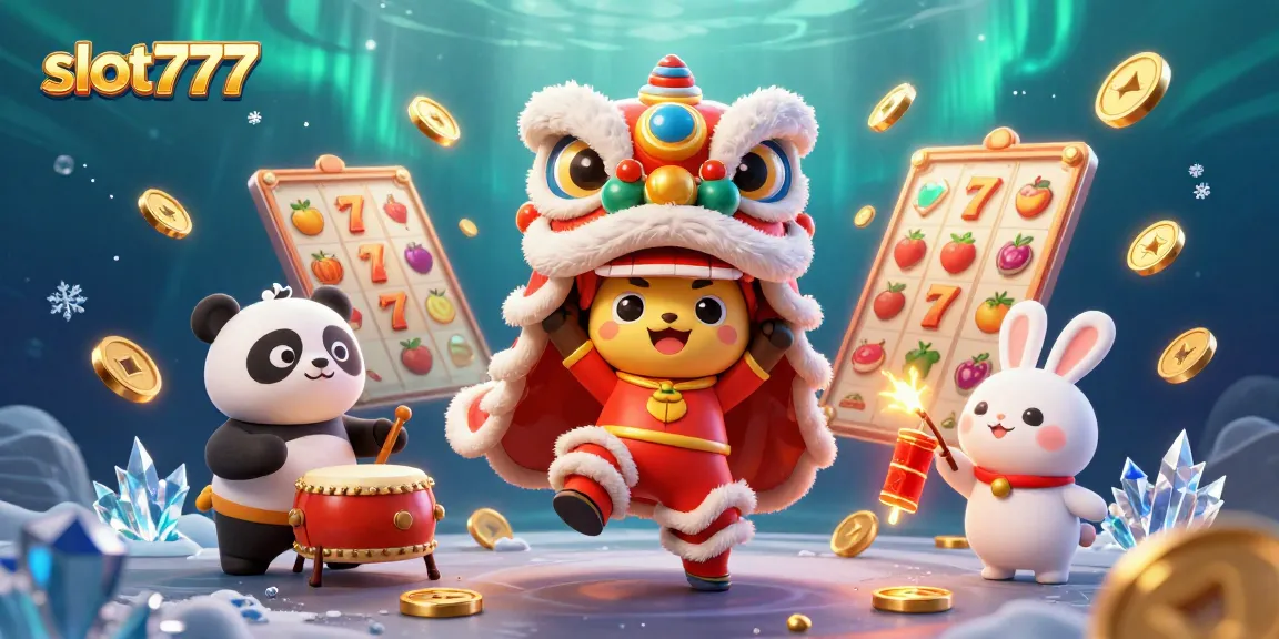 Win big with slot777 in a vibrant 3D lion dance celebration, showcasing exciting game elements.