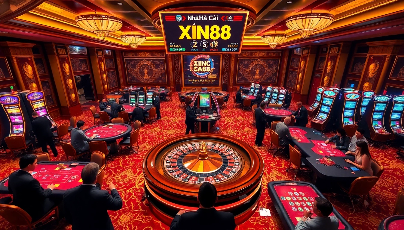 Experience the vibrant atmosphere of Nhà Cái XIN88 casino, where players engage at thrilling gaming tables.