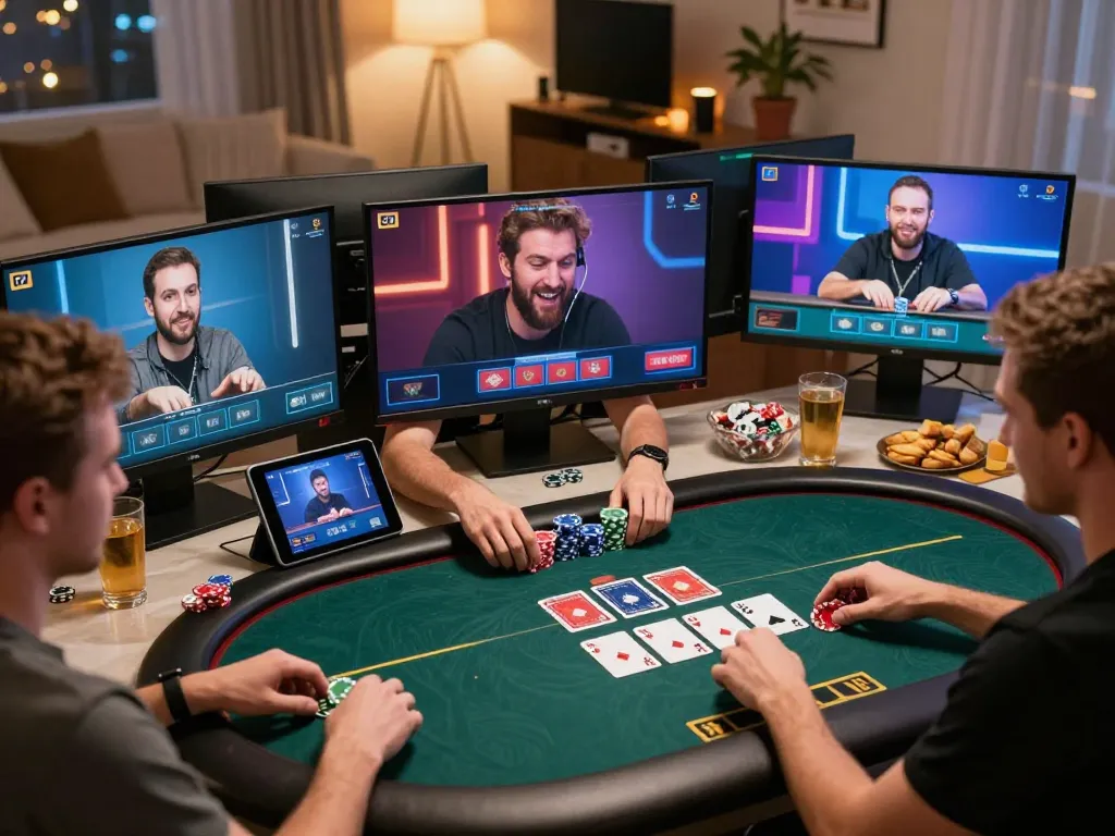 Pemain terlibat dalam permainan poker dealer langsung di Planet77, fokus pada strategi dengan kartu yang terlihat dan opsi taruhan.