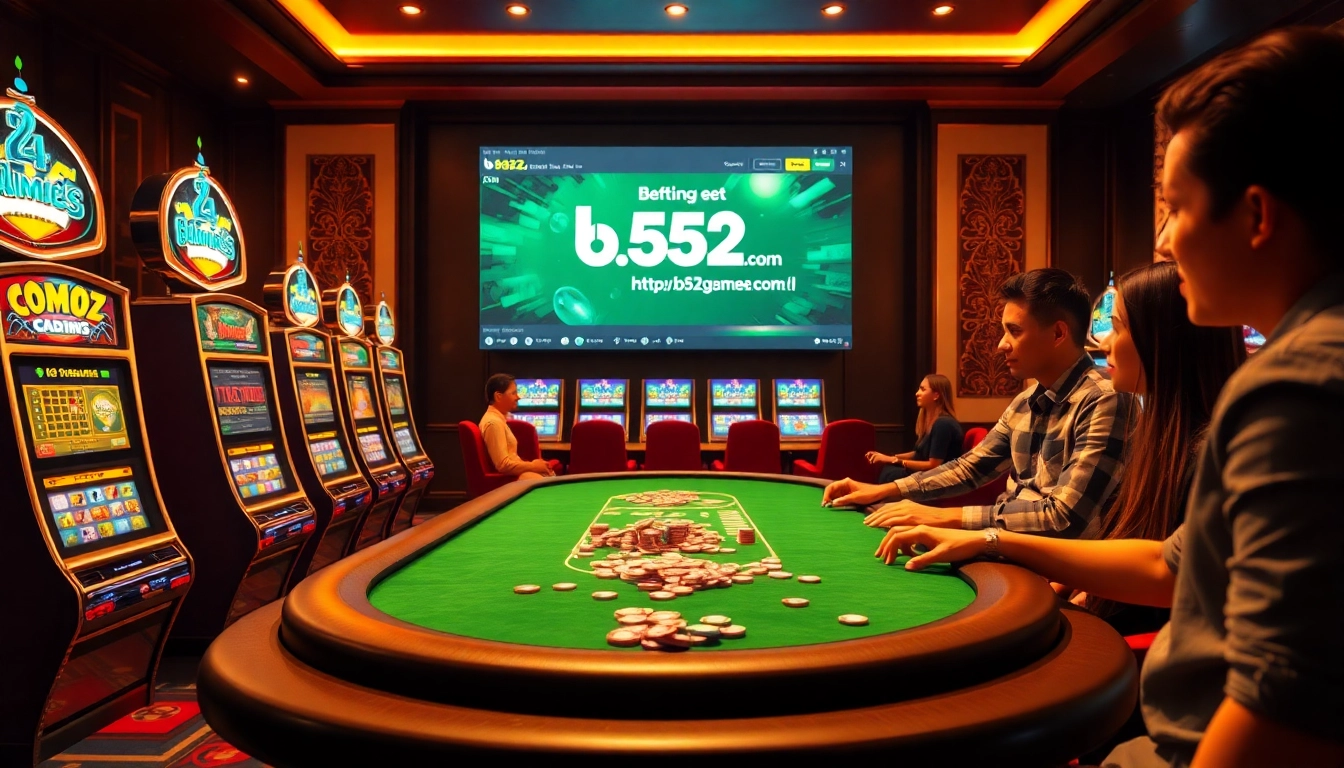 Engaging casino action with players focused on the games at https://b52gamee.com/ featuring poker chips and slot machines.