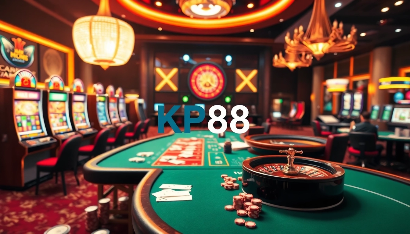 Exciting KP88 online casino experience with vibrant slot machines and poker tables.