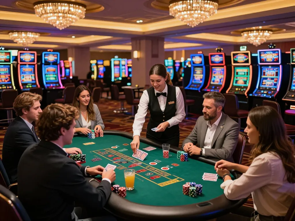 Engaged players at Betwin4d blackjack table strategizing their next moves in a luxurious casino atmosphere.