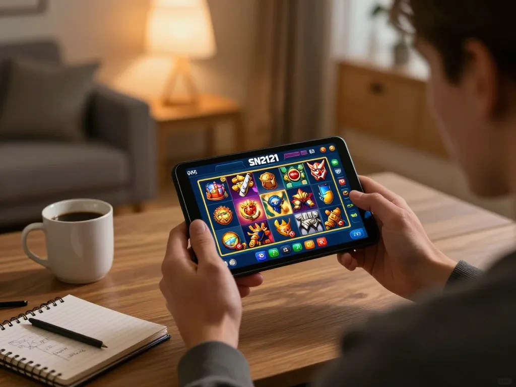 Momen menarik seorang pemain menjelajahi aplikasi permainan kasino online SN2121 di smartphone mereka, terjebak dalam permainan strategis.