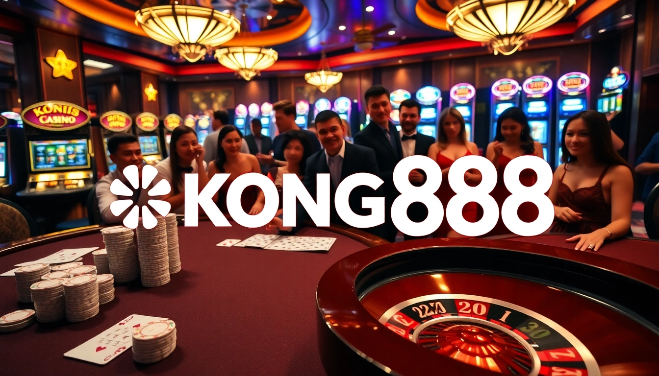 KONG88 poker table with glamorous chips and cards, showcasing a vibrant casino atmosphere.