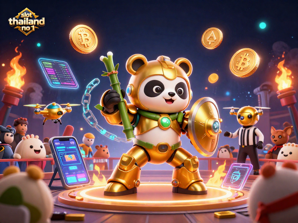 Engaging slot thailand no 1 scene with golden panda and robot amidst neon crypto coins.