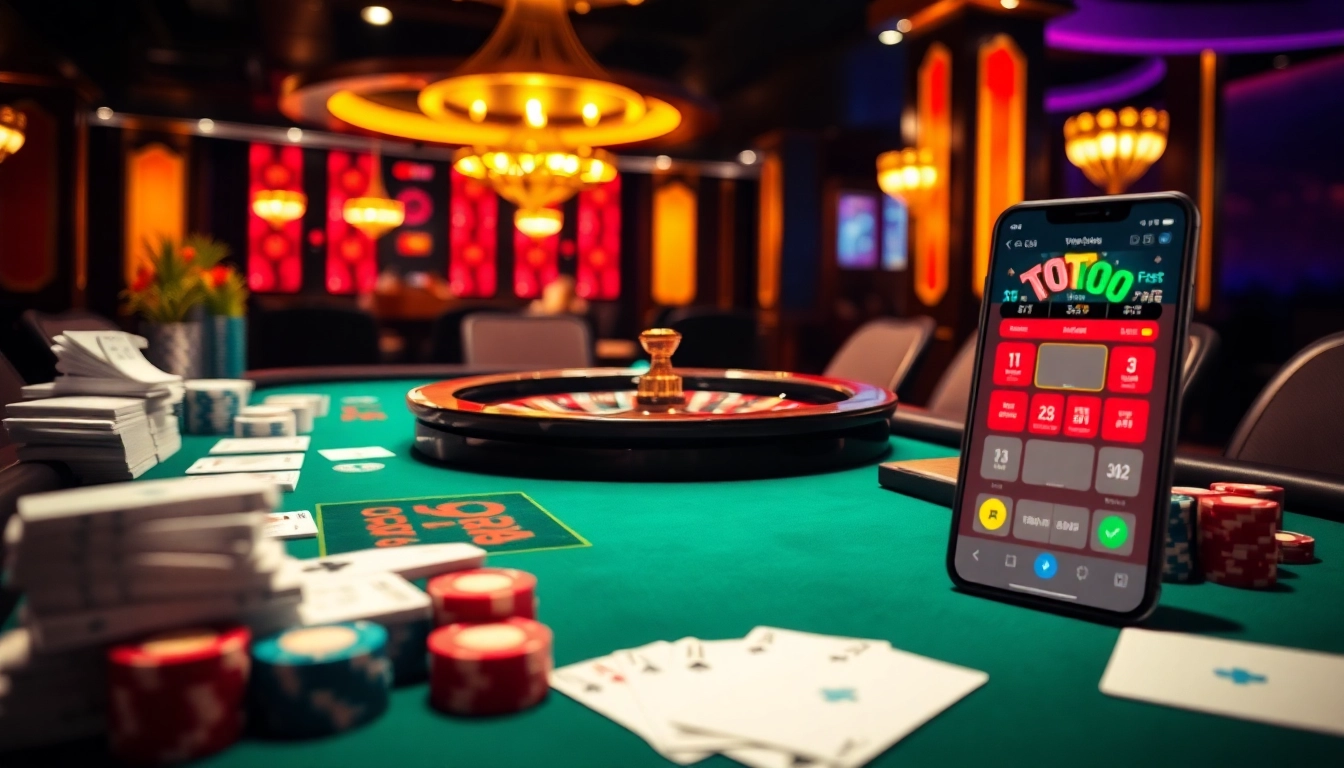 Toto Macau live draw results displayed on a high-tech mobile interface in a vibrant casino setting.