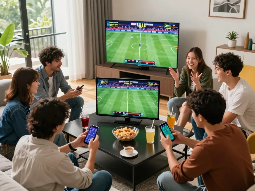 Friends engaged in sports betting on O8, analyzing odds on smartphones with lively atmosphere.