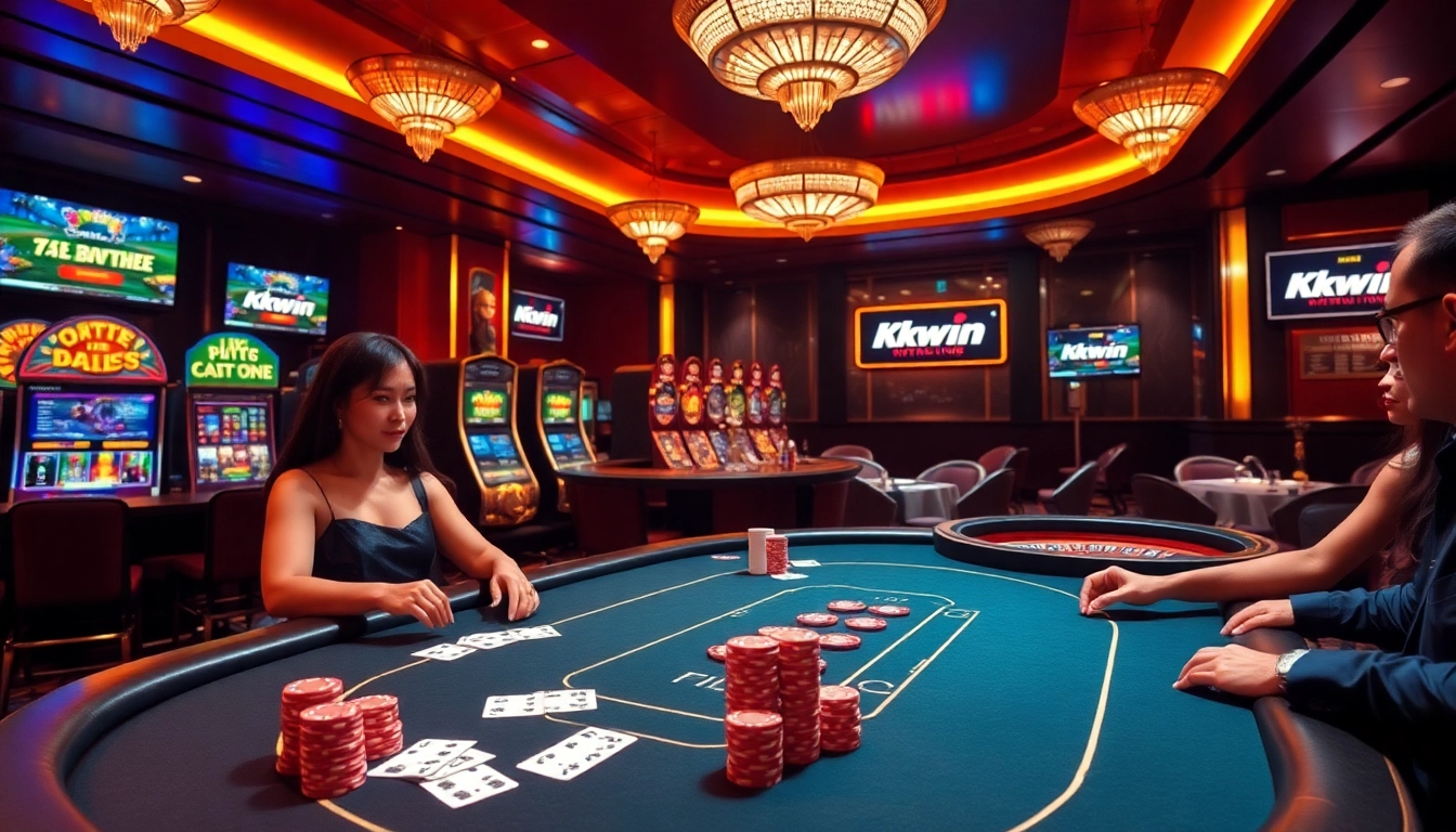 Kkwin players enjoying a high-stakes poker game in a luxurious casino environment, vibrant and thrilling.