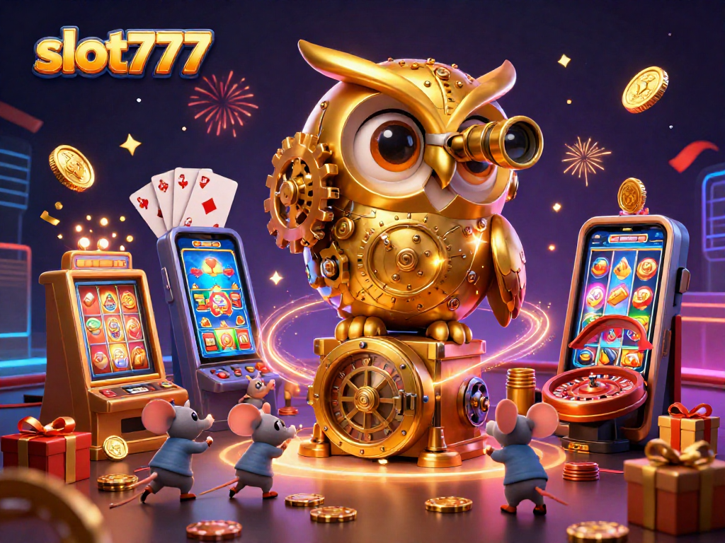 Engage in thrilling gameplay with slot777 as golden owls oversee vibrant casino scenes filled with fun.