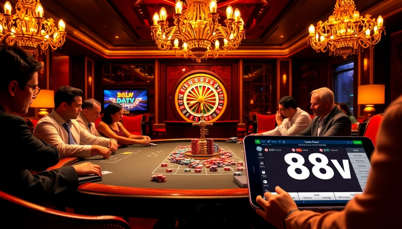 Exciting poker game at an 88vv casino table with players engaged and chips in action.