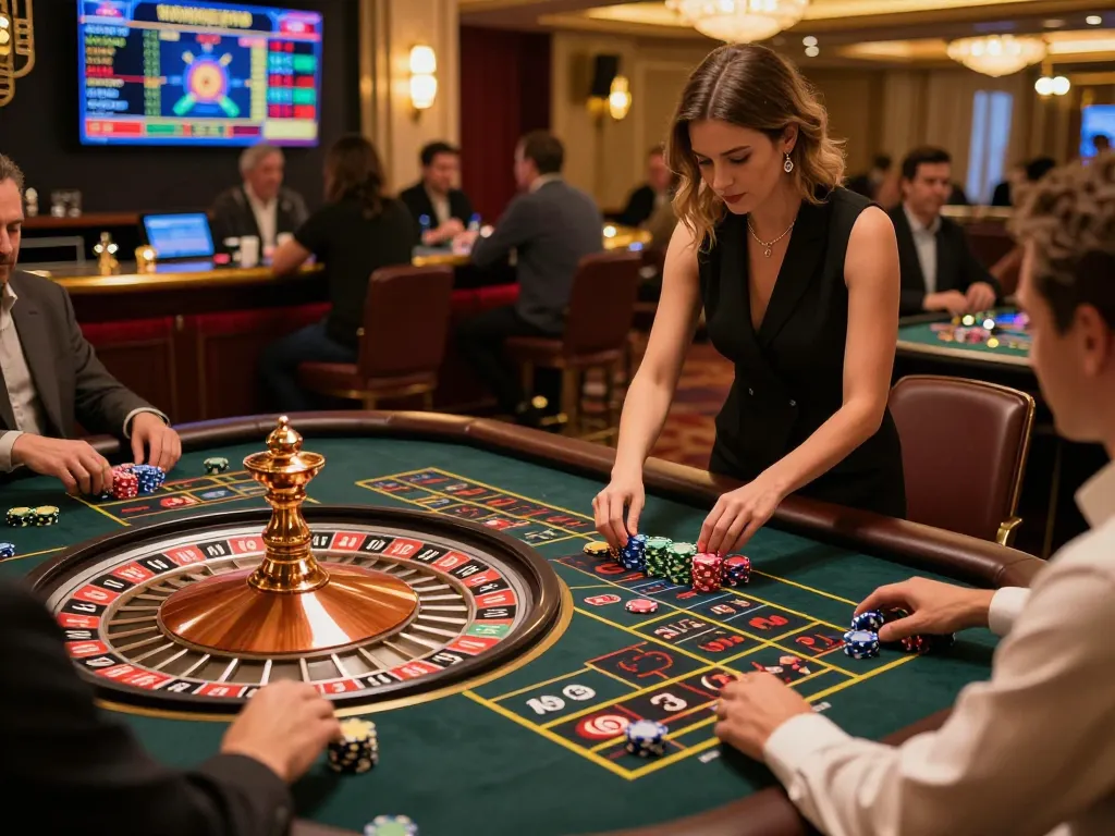 Players placing bets at the May88 live casino roulette table, showcasing an exciting gaming atmosphere.