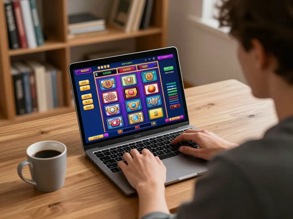 Tg88 chính thức engaging with vibrant slots on a laptop, cozy home environment promoting responsible gaming