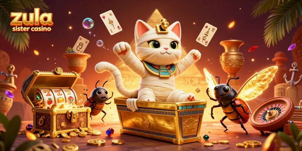 Zula sister casino illustration with a mummy cat, glowing scarab, and vibrant casino elements.