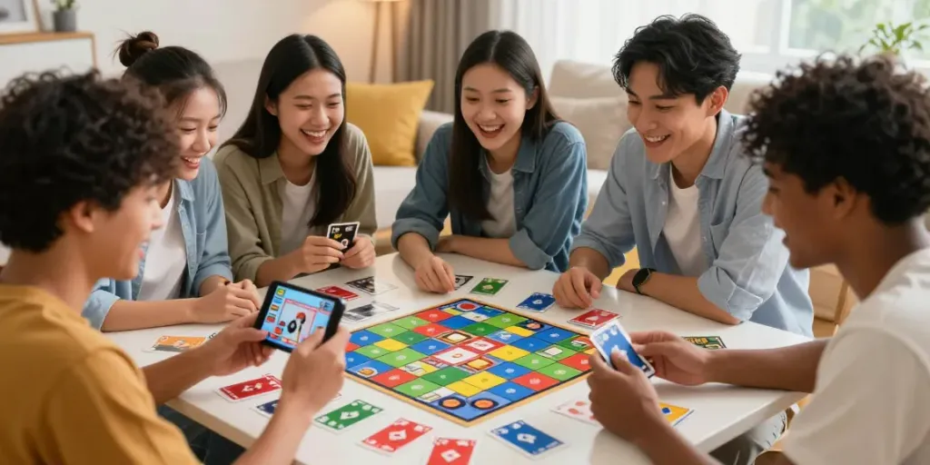 Friends enjoying a lively game of rumble rummy together in a cozy living room.