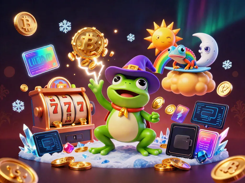 Menghasilkan slot bergairah dengan karakter si katak penyihir dan chameleon, dikelilingi koin emas.