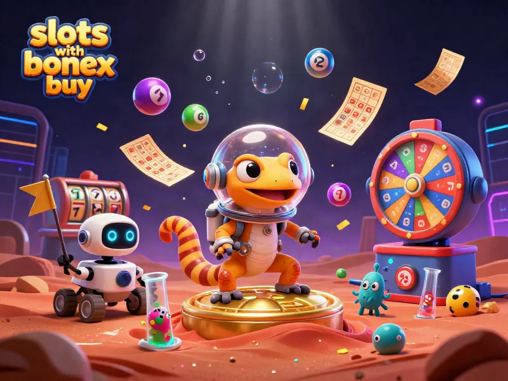 Engage in thrilling slots with bonus buy adventures featuring a Martian gecko and casino symbols.