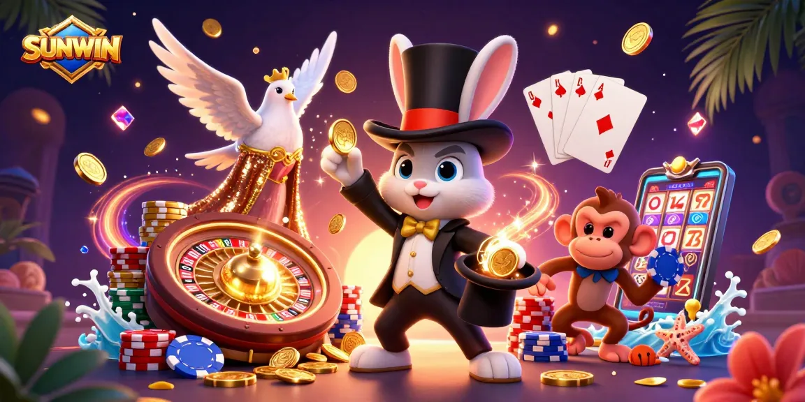 Experience the thrill of SUNWIN with a magician rabbit and treasures in a rich casino scene.