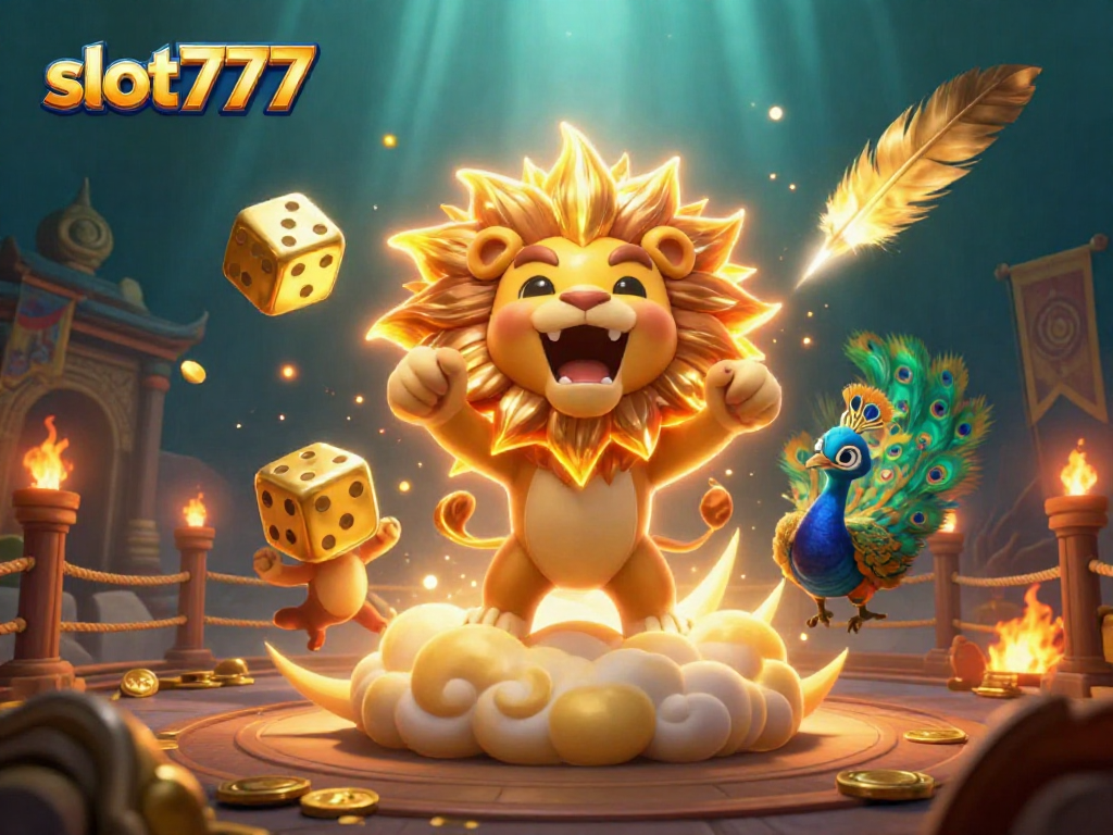 Experience thrilling gaming with slot777, featuring vibrant animated characters and golden casino elements.