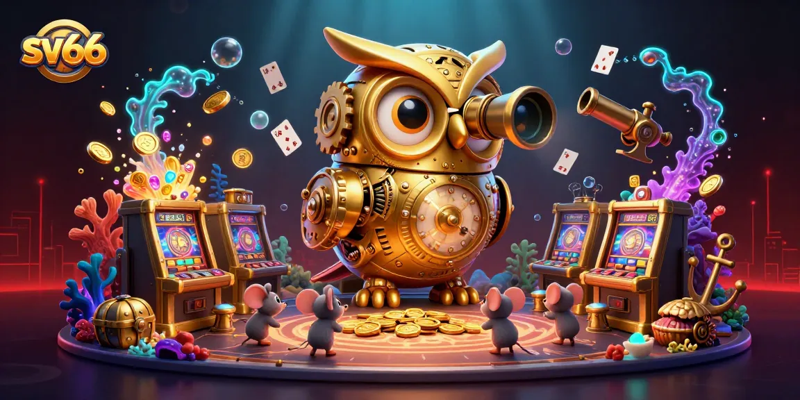 Experience winning excitement at sv66 with a captivating illustration of a golden owl exploring a vibrant casino scene.