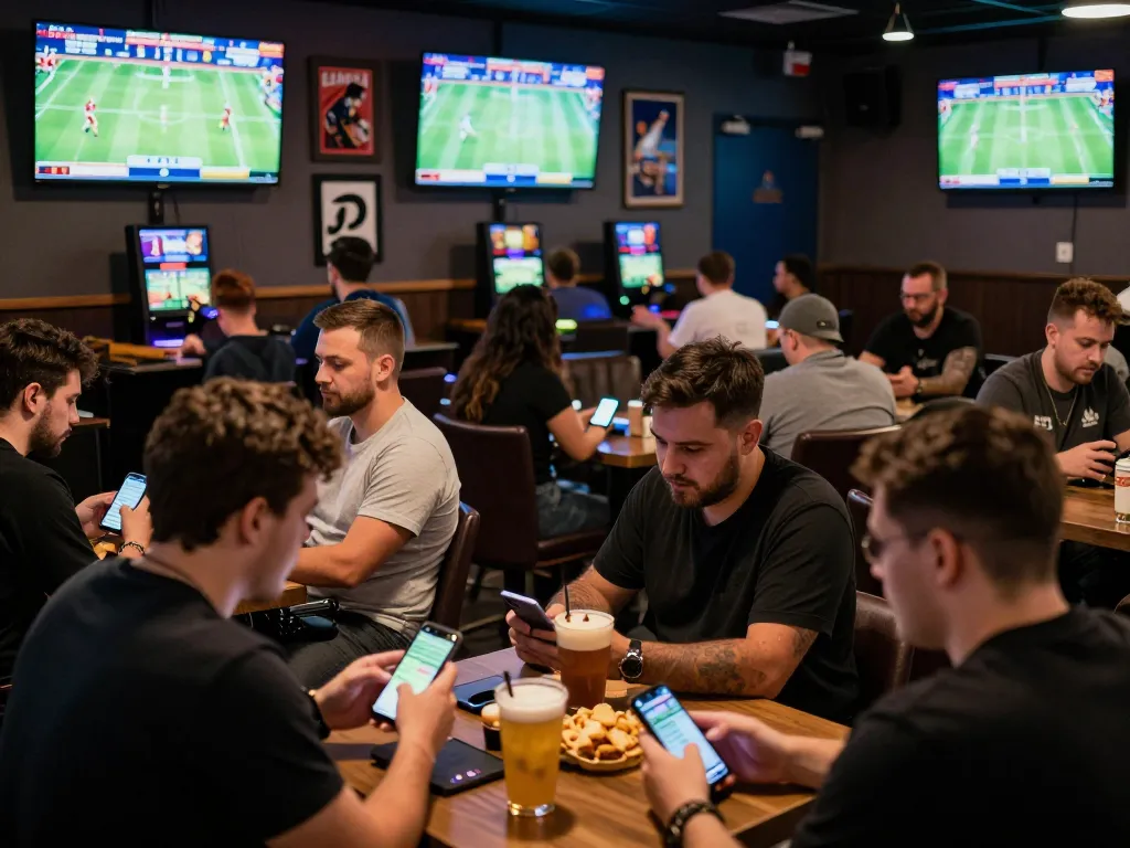 Enthusiastic bettors engaging with their smartphones in a lively sports betting lounge at 8xbet.
