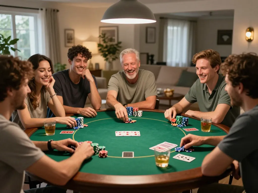 Friends enjoy playing poker during a lively game night, vedi strategic interactions around the table.