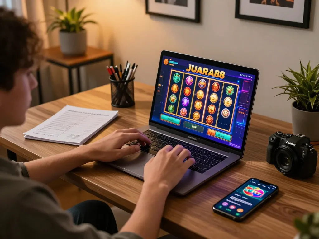 JUARA88 player spinning colorful online slots at cozy home gaming setup, engaging with detailed strategy notes.