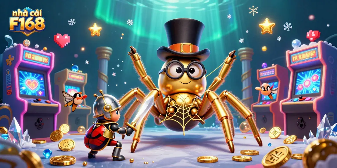 Experience the excitement of nhà cái F168 with a giant golden tarantula and brave beetle knight in a vibrant casino scene.