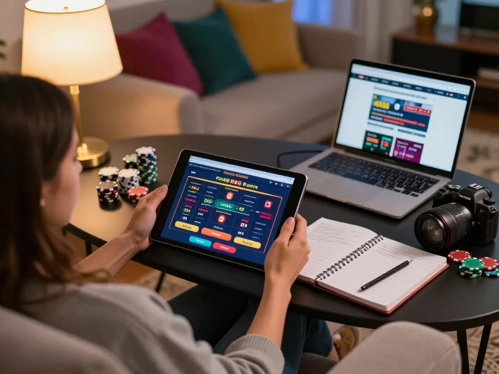 Engaging casino gaming experience at home on TA88 with tablet and poker chips.