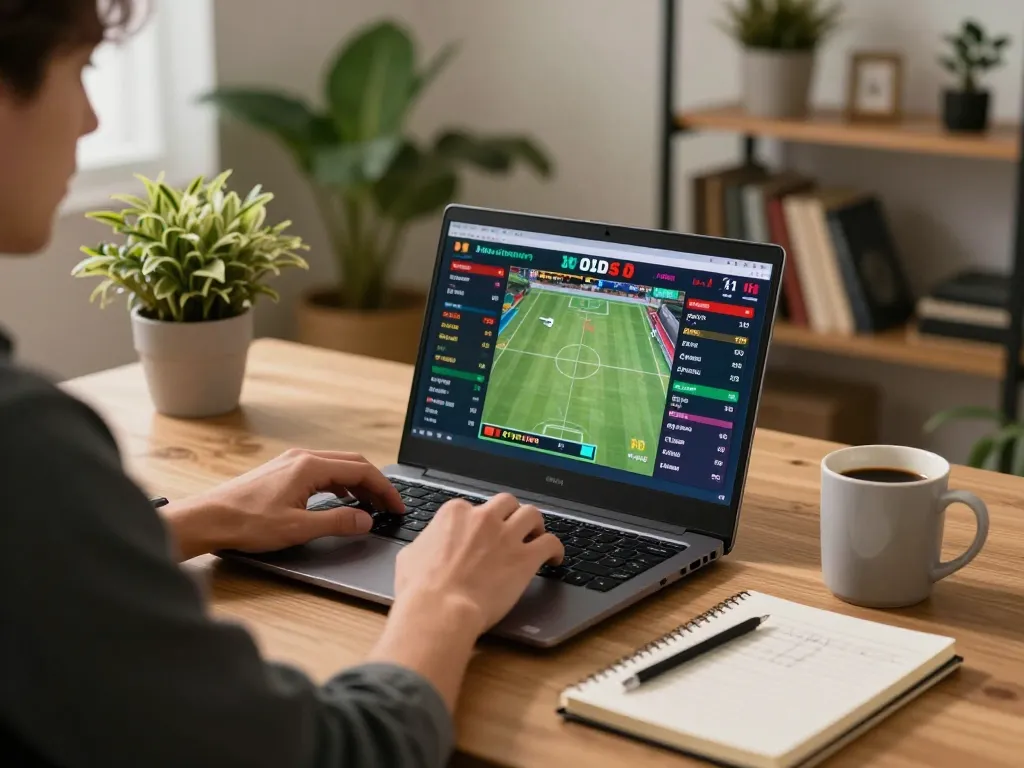 Betting enthusiast engages with xo88 online platform, surrounded by strategies and coffee.
