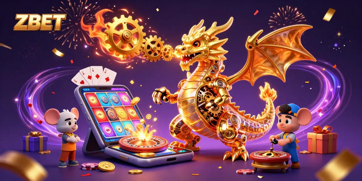 ZBET showcases a golden dragon and engineer in a vibrant 3D casino scene with slots and poker elements.