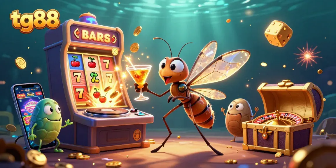 Experience thrilling gameplay at tg88 with a lively casino scene featuring a playful mosquito mascot and more.
