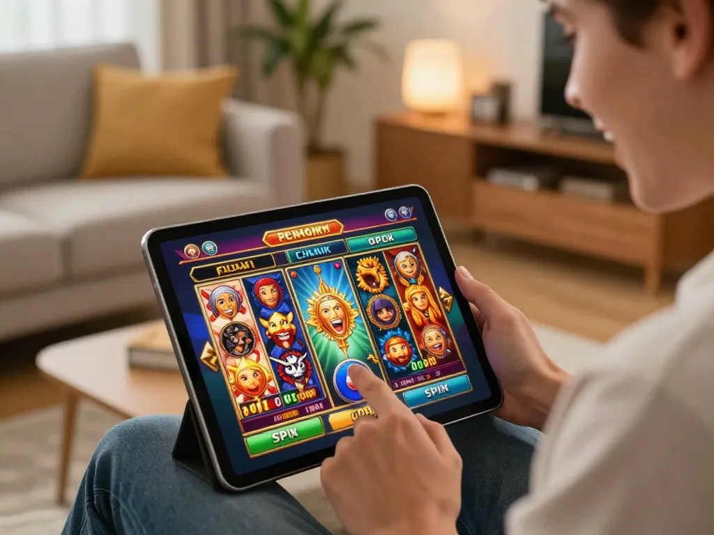 Engaging with 988slot online casino slots on a tablet in a cozy living room.